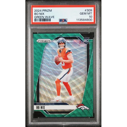 Graded 2024 Panini Prizm Bo Nix #309 Green Wave Rookie RC Football Card PSA 10 Gem Mint
