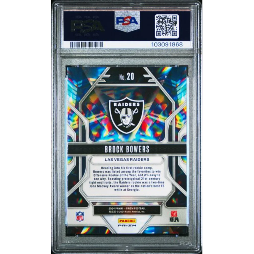 Graded 2024 Panini Prizm Brock Bowers #20 Prizmatic Green Prizm Rookie RC Football Card PSA 10 Gem Mint | PSA 10 Gem Mint Graded Rookie Card | vintageantiquesgifts.com