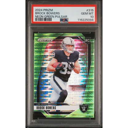 Graded 2024 Panini Prizm Brock Bowers #315 Neon Green Pulsar Rookie RC Football Card PSA 10 Gem Mint