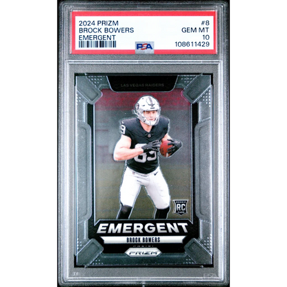 PSA Graded 2024 Prizm Brock Bowers Emergent Football Card showing vibrant design