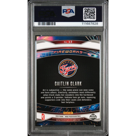 Graded PSA 10 gem mint 2024 Panini Prizm Caitlin Clark #13 Fireworks rookie RC card