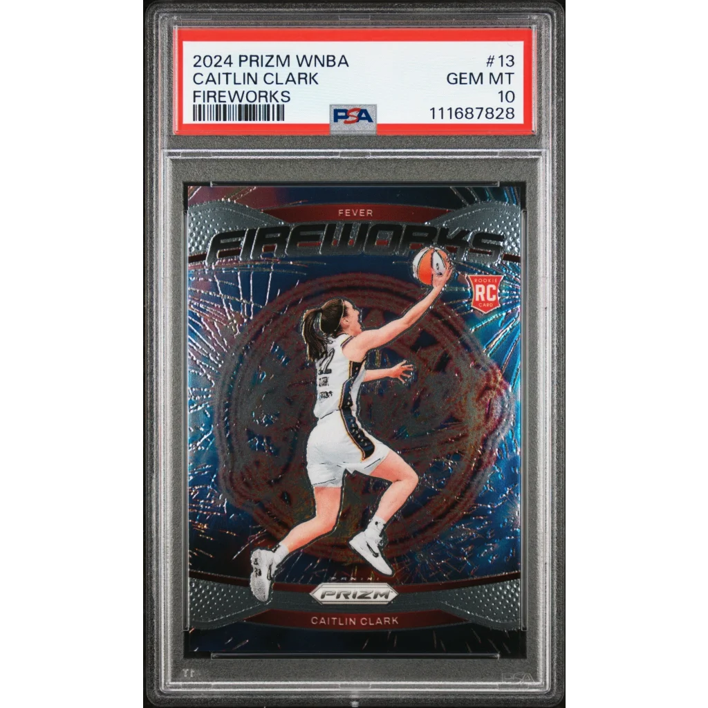 A graded 2024 Prizm WNBA Caitlin Clark Fireworks basketball card in PSA holder
