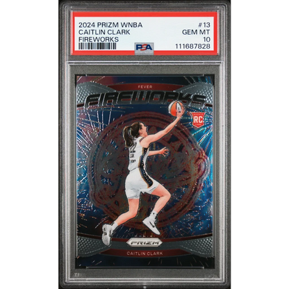 A graded 2024 Prizm WNBA Caitlin Clark Fireworks basketball card in PSA holder