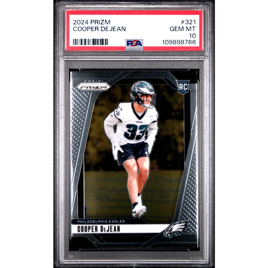 A graded 2024 Prizm Cooper DeJean football card by Professional Sports Authenticator
