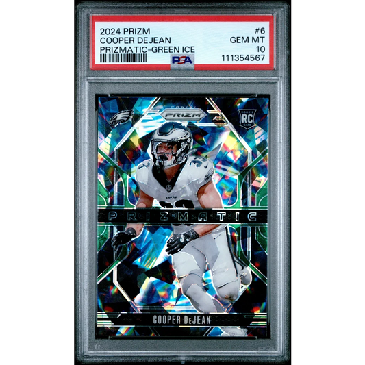 Graded 2024 Panini Prizm Cooper DeJean #6 Prizmatic Green Ice Rookie RC Football Card PSA 10 Gem Mint | Hall of Fame Sports Memorabilia | vintageantiquesgifts.com
