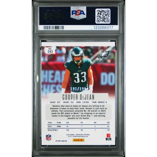 Graded 2024 Panini Prizm Deca Cooper DeJean #243 /199 Rookie RC Football Card PSA 9 Mint | PSA 9 Mint Graded Rookie Card | vintageantiquesgifts.com