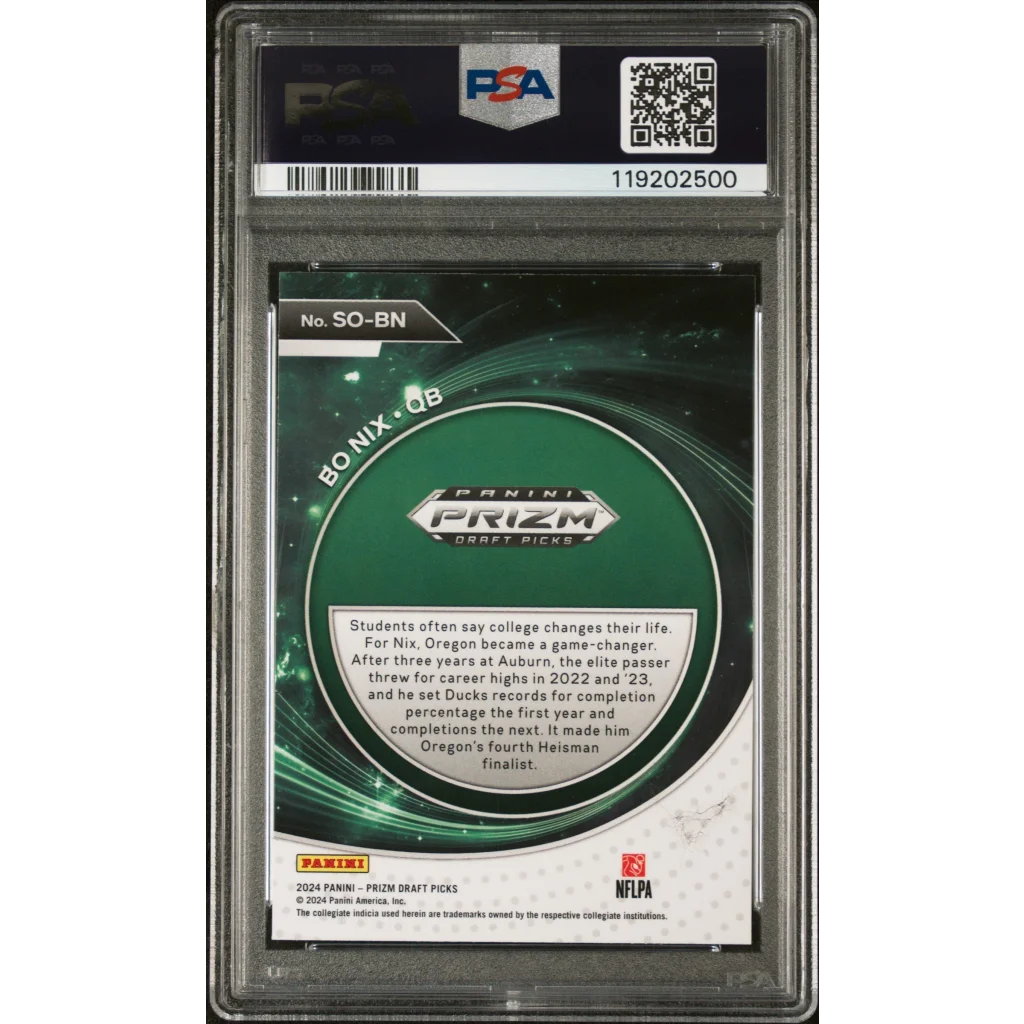PSA graded Bo Nix rookie sports card from Student Orientation Prizm collection