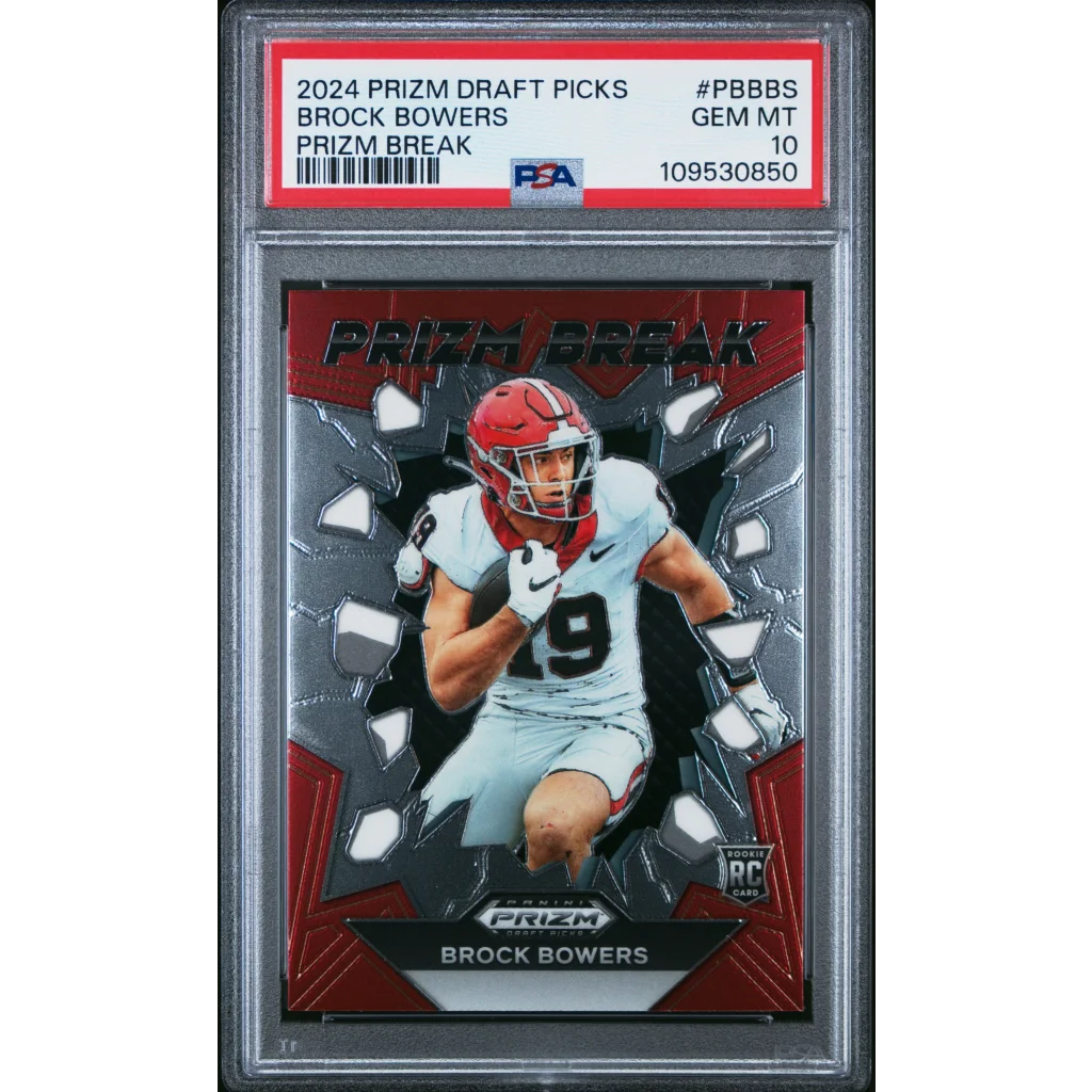 PSA Graded Brock Bowers 2024 Prizm Draft Picks football card on display