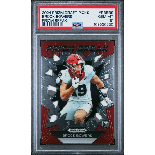 PSA Graded Brock Bowers 2024 Prizm Draft Picks football card on display
