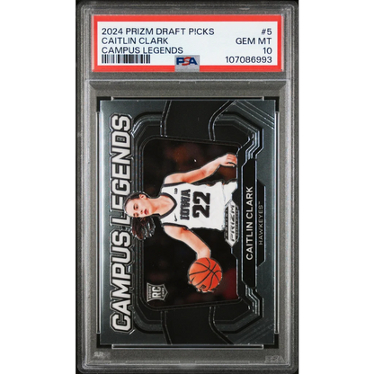 PSA Graded Caitlin Clark Panini Prizm Draft Picks Campus Legends Card featuring basketball star