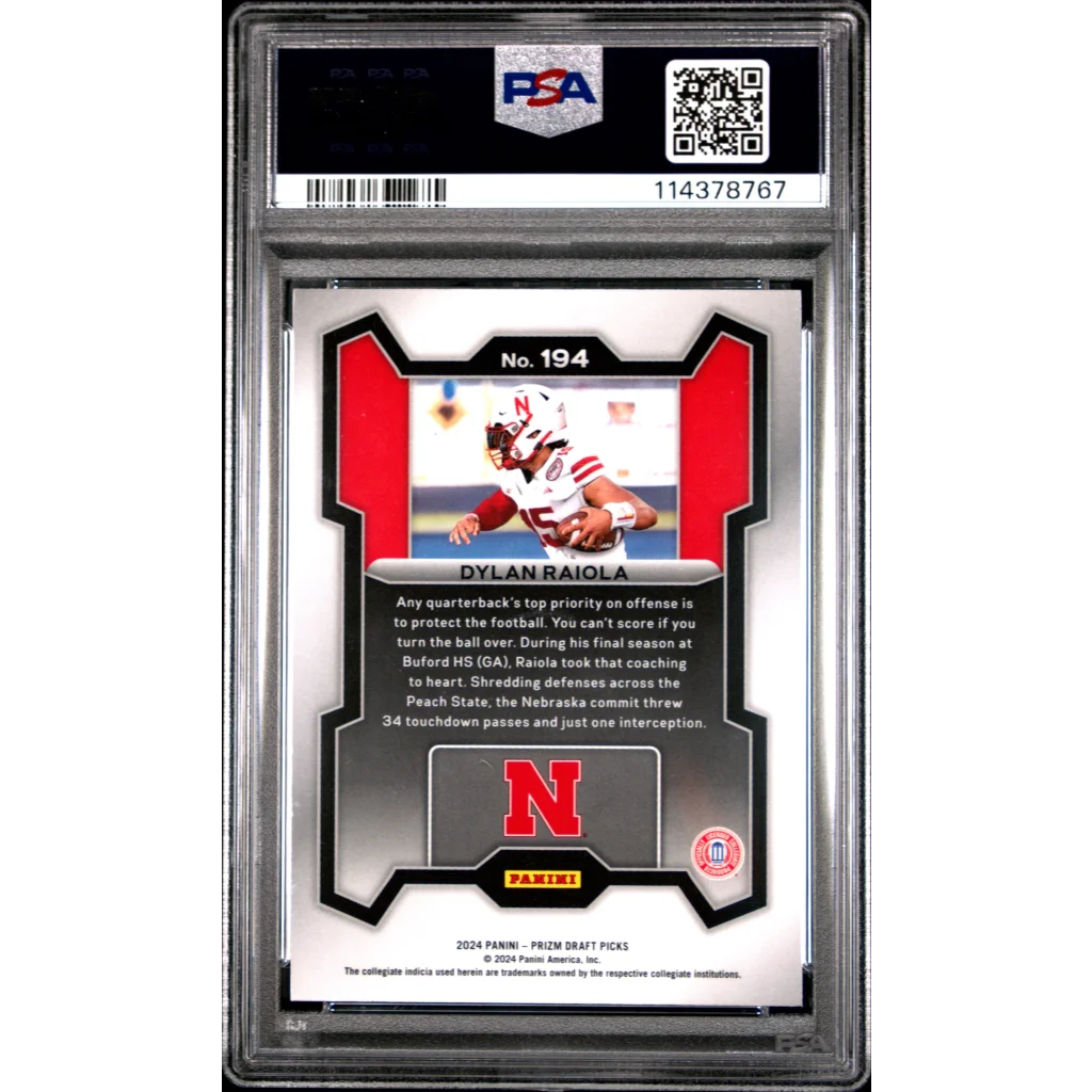 Graded 2024 Panini Prizm Draft Picks Dylan Raiola #194 Rookie RC Football Card PSA 10 Gem Mint | PSA 10 Gem Mint Graded Rookie Card | vintageantiquesgifts.com