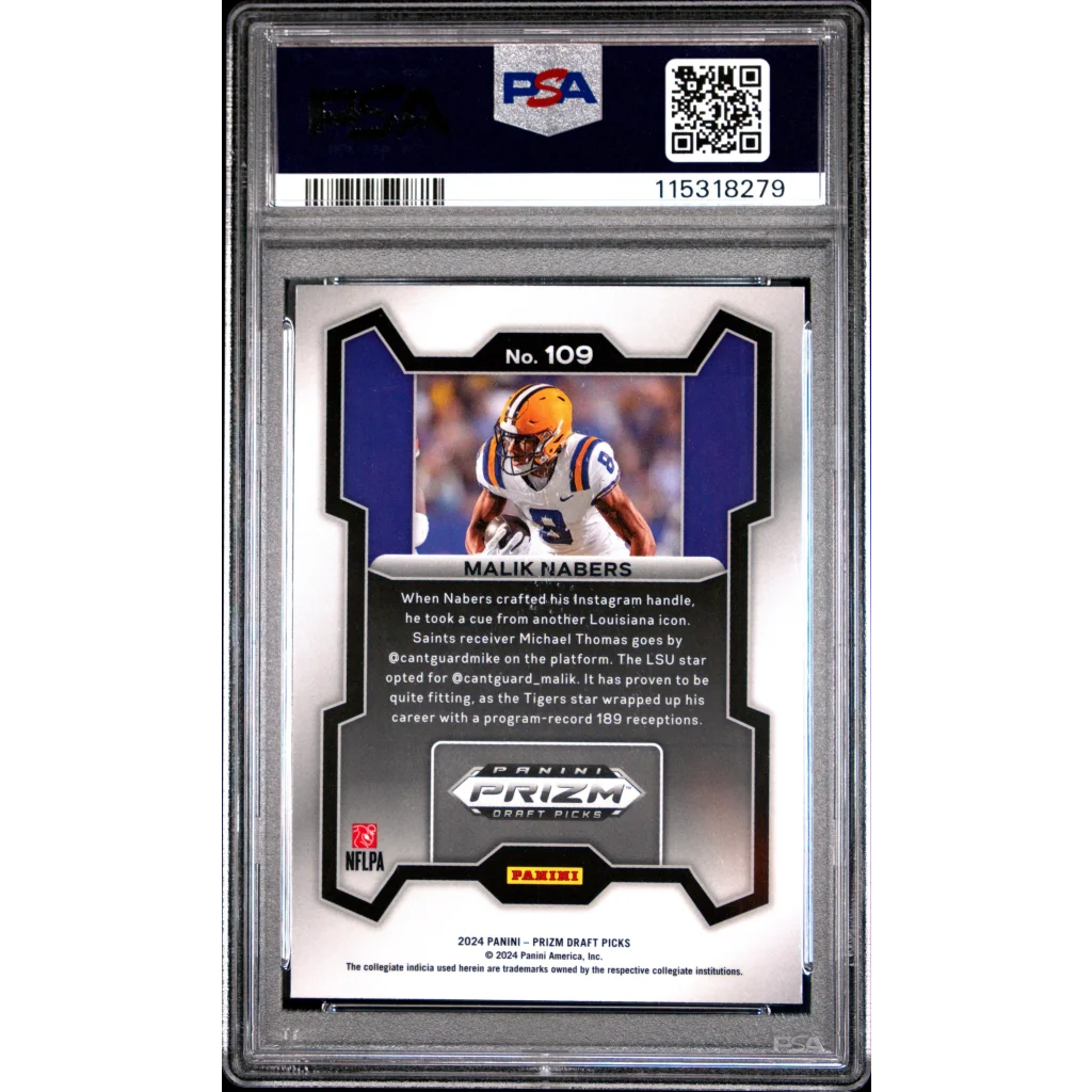 Graded 2024 Panini Prizm Draft Picks Malik Nabers #109 Rookie RC Football Card PSA 10 Gem Mint | PSA 10 Gem Mint Graded Rookie Card | vintageantiquesgifts.com