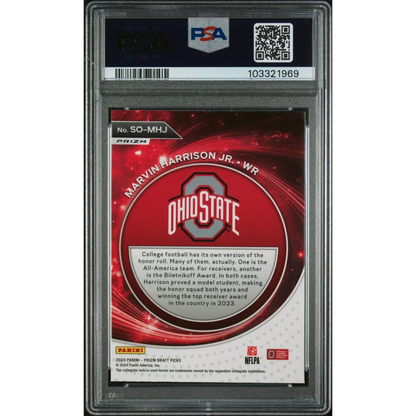 Graded Marvin Harrison Jr Ohio State football trading card in GEM MT 10 Red Ice Prizm PSA
