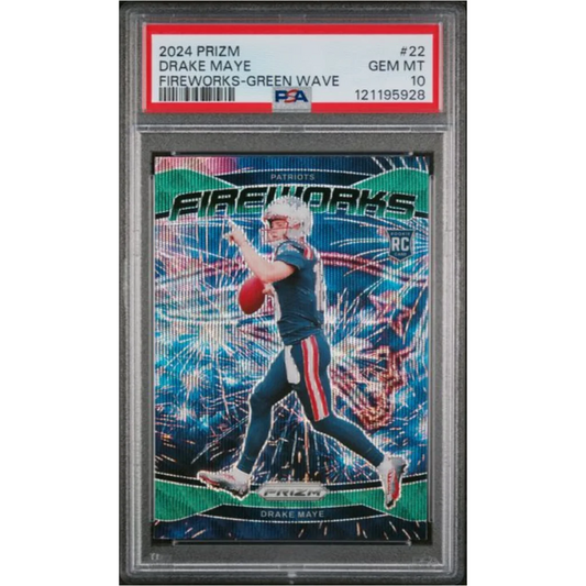 Graded 2024 Panini Prizm Drake Maye #22 Fireworks Green Wave Rookie RC Football Card PSA 10 Gem Mint | Hall of Fame Sports Memorabilia | vintageantiquesgifts.com