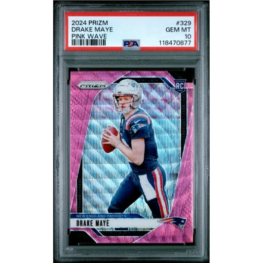 Graded 2024 Panini Prizm Drake Maye #329 Pink Wave Rookie RC Football Card PSA 10 Gem Mint | Hall of Fame Sports Memorabilia | vintageantiquesgifts.com