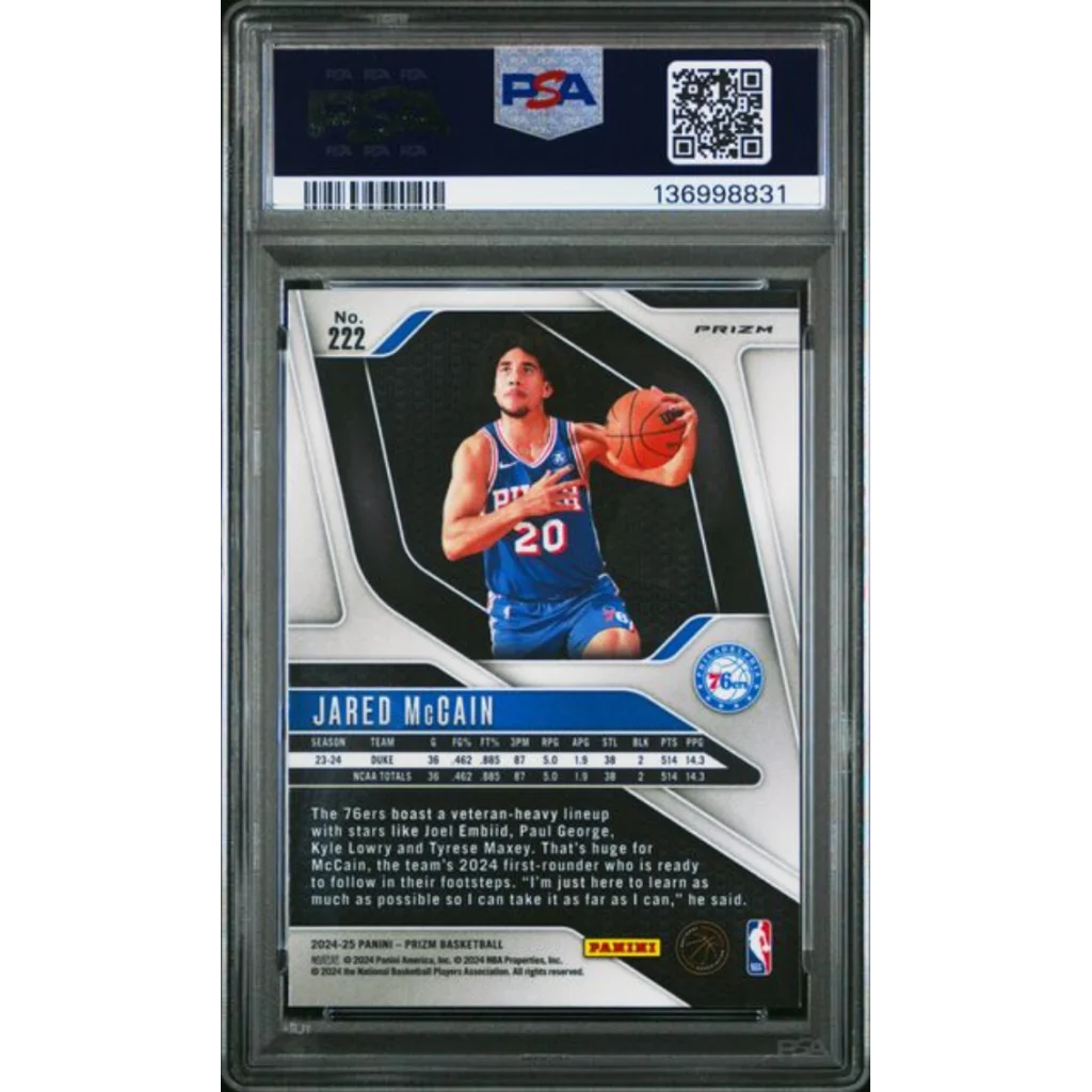 Graded PSA 10 2024 Panini Prizm Jared McCain #222 Pink Ice Rookie Card