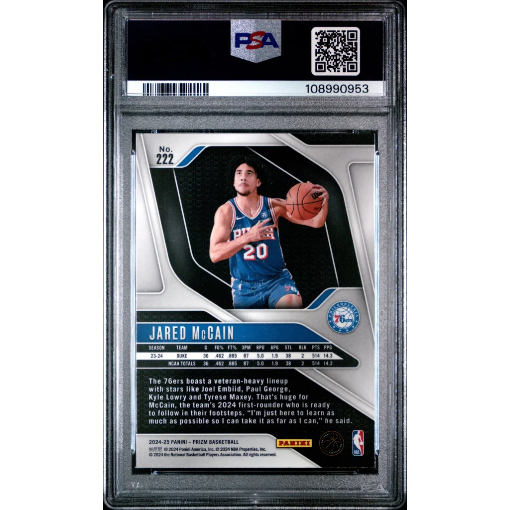 PSA 10 Graded 2024 Panini Prizm Jared McCain #222 Rookie Card in Blue 76ers Jersey