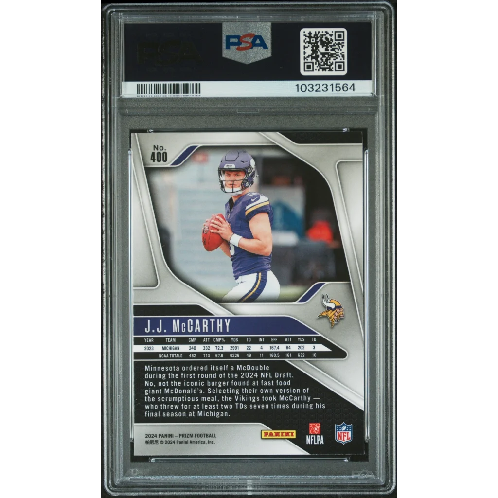 Graded 2024 Panini Prizm JJ McCarthy #400 Rookie RC Football Card PSA 10 Gem Mint | PSA 10 Gem Mint Graded Rookie Card | vintageantiquesgifts.com