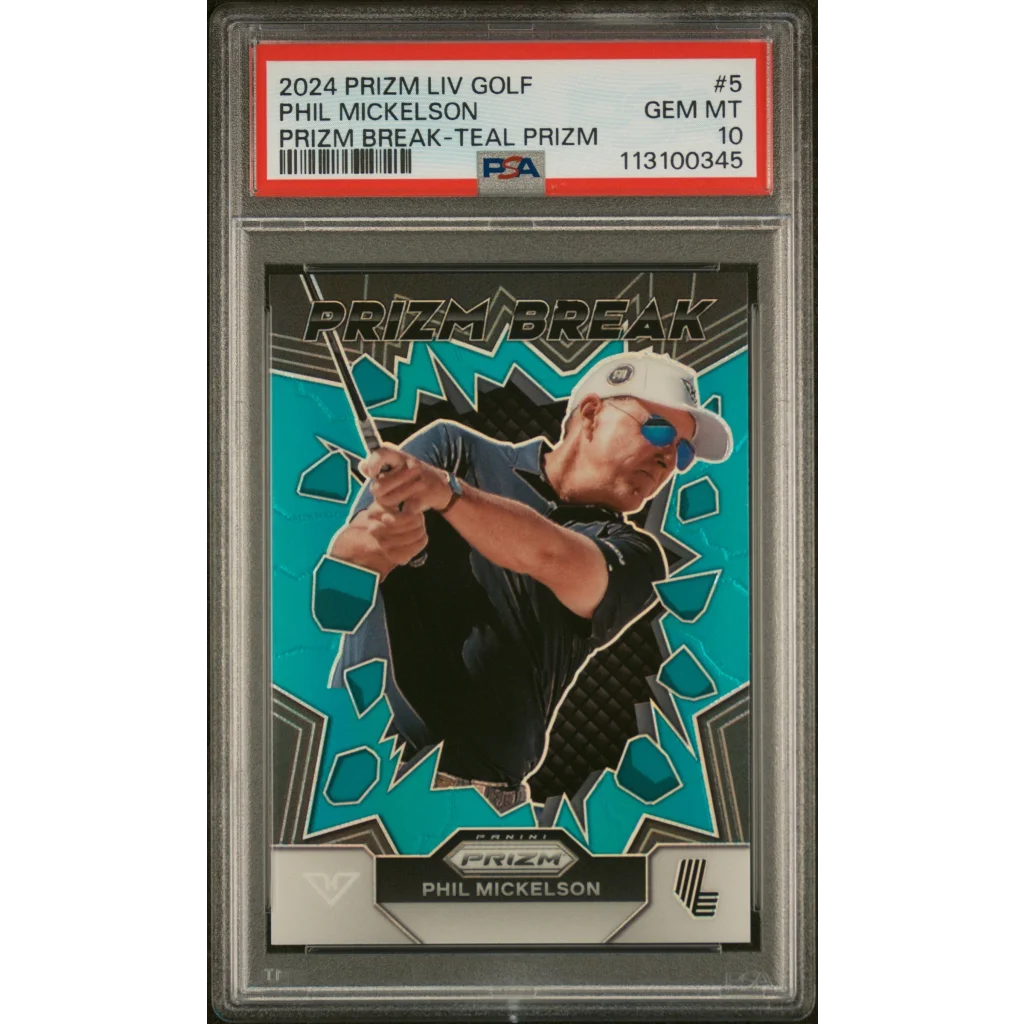 Graded 2024 Panini Prizm LIV Golf Phil Mickelson #5 Prizm Break Teal Prizm /199 Rookie RC Card PSA 10 Gem Mint | Hall of Fame Sports Memorabilia | vintageantiquesgifts.com