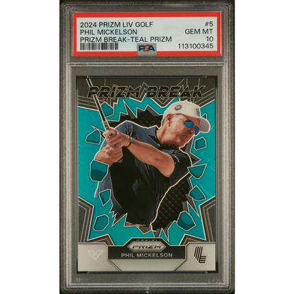 Graded 2024 Panini Prizm LIV Golf Phil Mickelson #5 Prizm Break Teal Prizm /199 Rookie RC Card PSA 10 Gem Mint | Hall of Fame Sports Memorabilia | vintageantiquesgifts.com