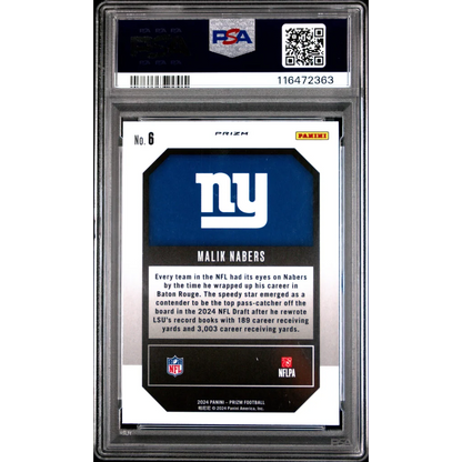 Graded Malik Nabers 2024 Prizm Emergent Green Ice Rookie Card for New York Giants