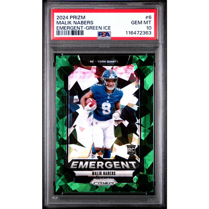 PSA Graded Malik Nabers 2024 Prizm Emergent Green Ice Rookie Card image