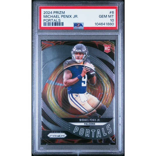 PSA graded 2024 Prizm Michael Penix Jr Portals rookie football card on display