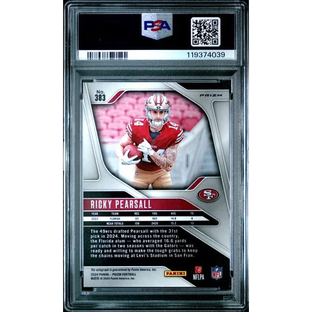 Graded 2024 Panini Prizm Ricky Pearsall #383 Pink Prizm Autograph Rookie RC Football Card PSA 9 Mint