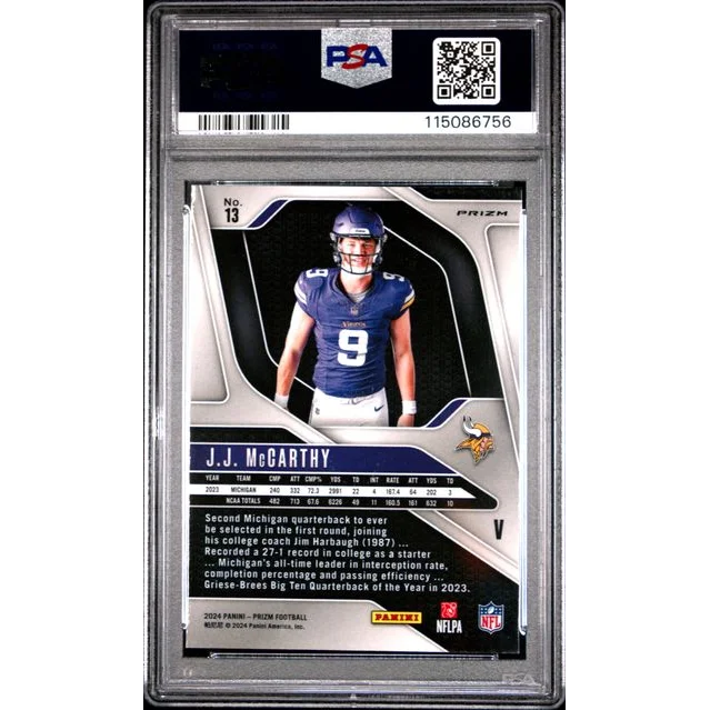 Graded 2024 Panini Prizm Rookie Variation JJ McCarthy #13 Rookie RC Football Card PSA 10 Gem Mint | PSA 10 Gem Mint Graded Rookie Card | vintageantiquesgifts.com