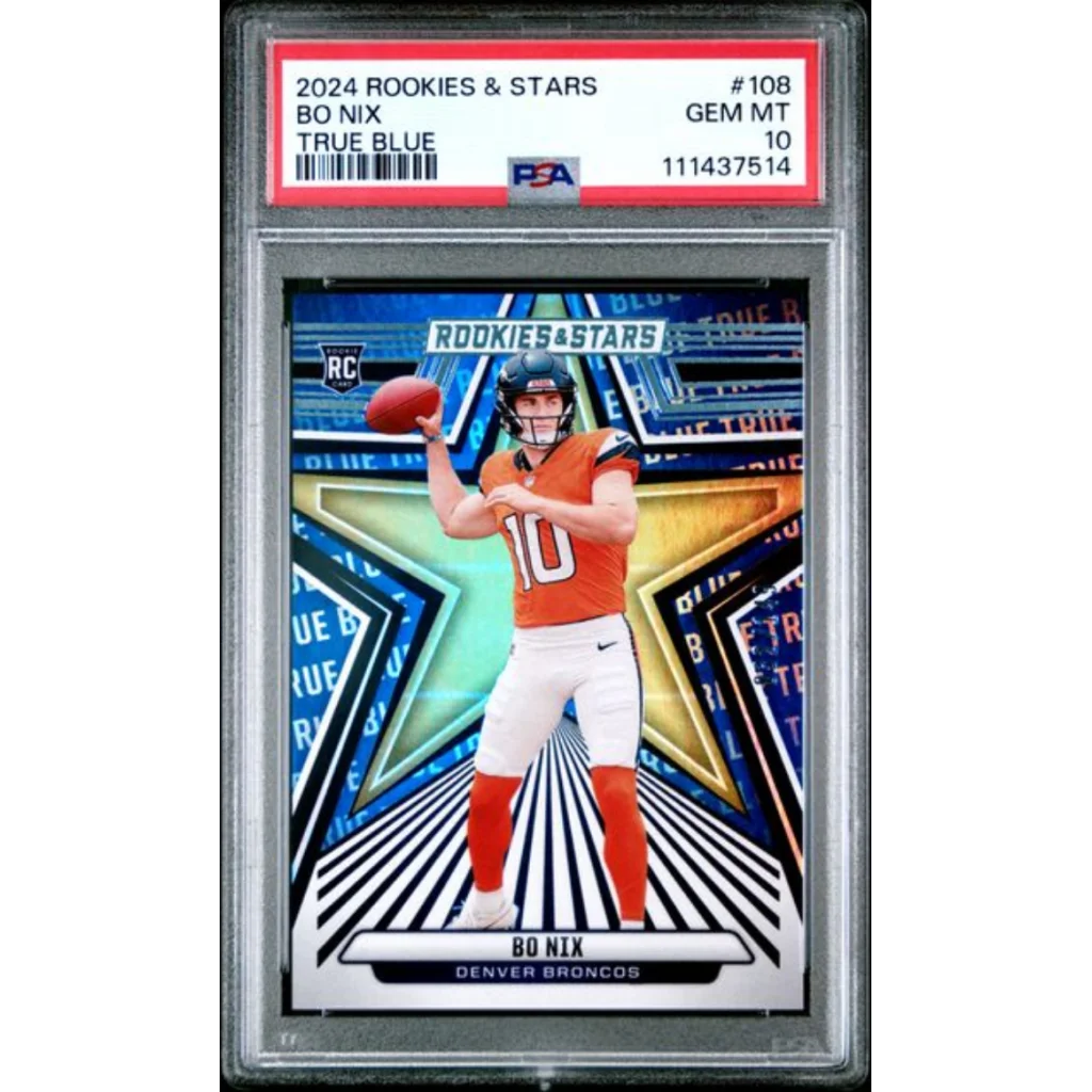 Graded 2024 Panini Rookies Stars Bo Nix #108 True Blue /149 Rookie RC Football Card PSA 10 Gem Mint | Hall of Fame Sports Memorabilia | vintageantiquesgifts.com
