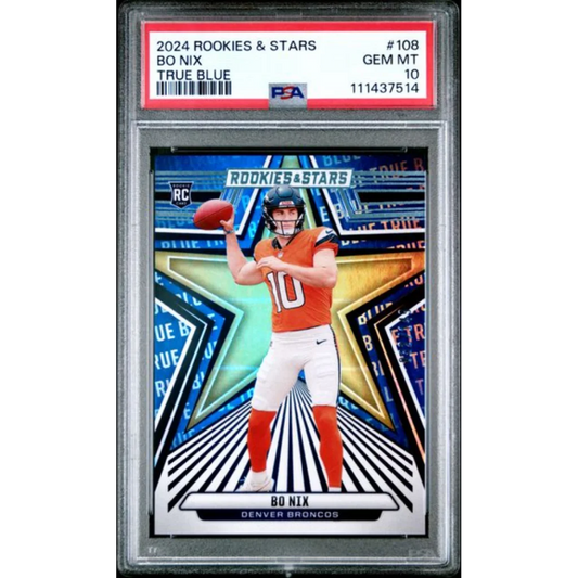 Graded 2024 Panini Rookies Stars Bo Nix #108 True Blue /149 Rookie RC Football Card PSA 10 Gem Mint | Hall of Fame Sports Memorabilia | vintageantiquesgifts.com