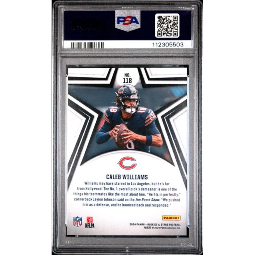 Graded 2024 Panini Rookies Stars Caleb Williams #118 Purple /299 Rookie RC Football Card PSA 10 Gem Mint | PSA 10 Gem Mint Graded Rookie Card | vintageantiquesgifts.com