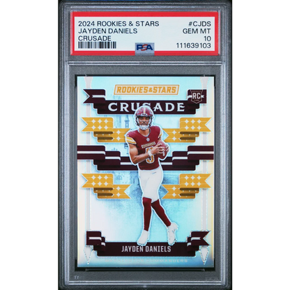 PSA graded 2024 Jayden Daniels Rookies & Stars Crusade football card on display