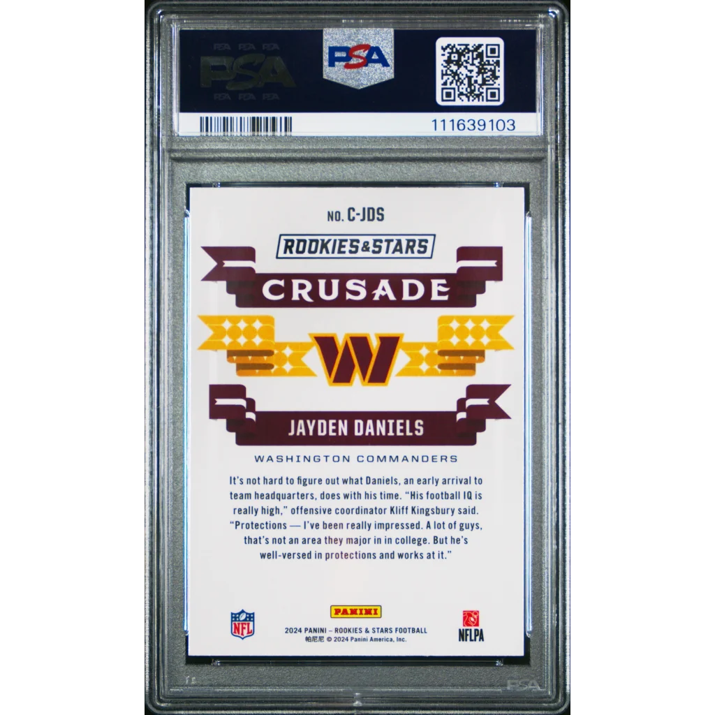 PSA graded Jayden Daniels Washington Commanders football card from Rookies & Stars Crusade
