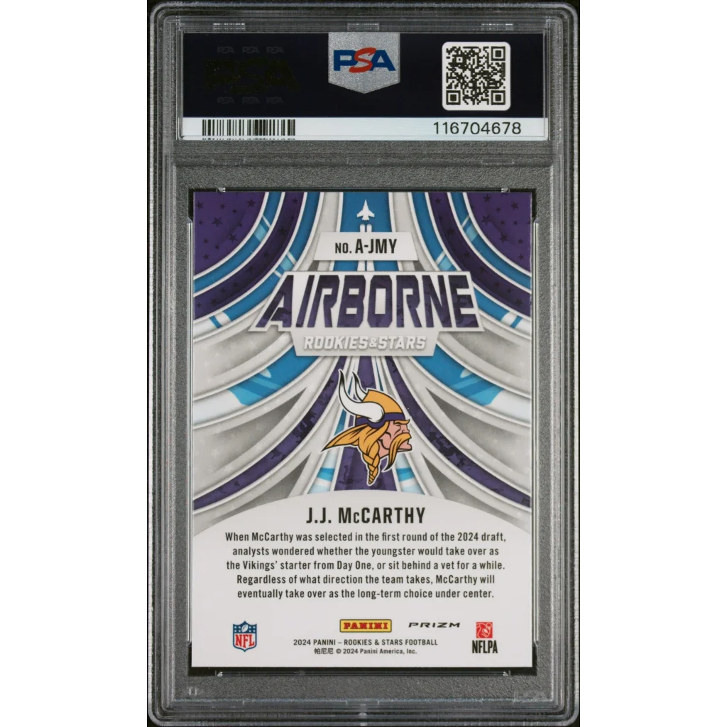 Graded PSA 10 2024 Panini Rookies & Stars JJ McCarthy Airborne Rookie Card