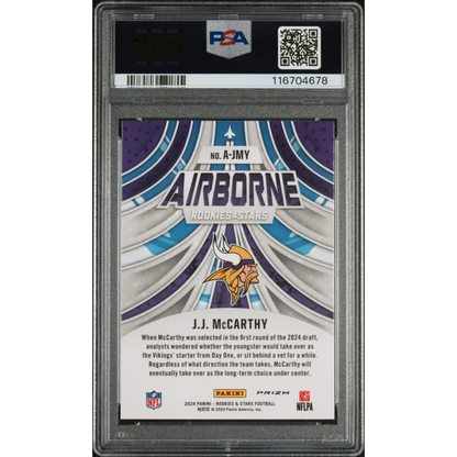 Graded PSA 10 2024 Panini Rookies & Stars JJ McCarthy Airborne Rookie Card