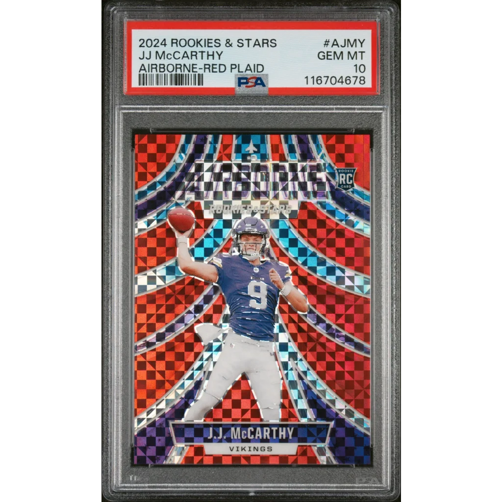 PSA graded JJ McCarthy airborne red plaid rookie card 2024
