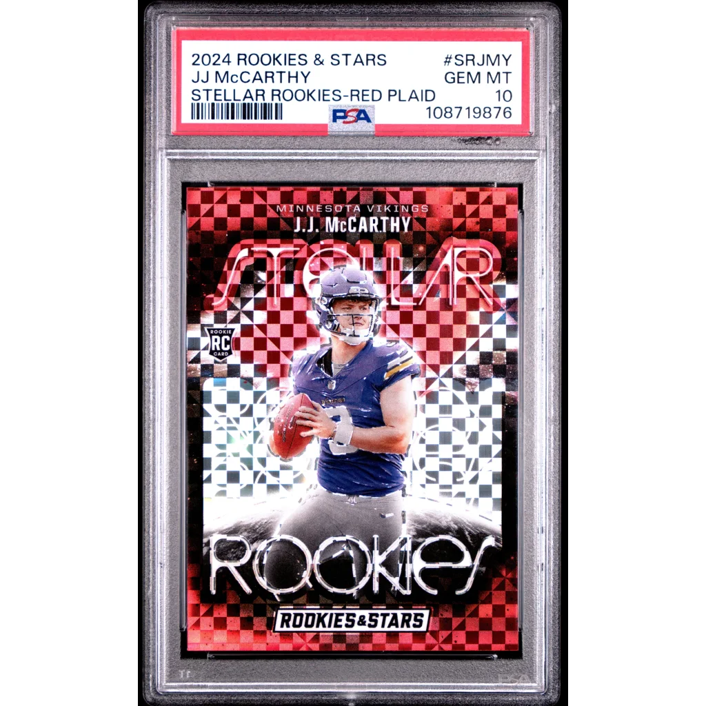 Graded PSA 10 2024 Panini Rookies & Stars JJ McCarthy Red Plaid Rookie Card