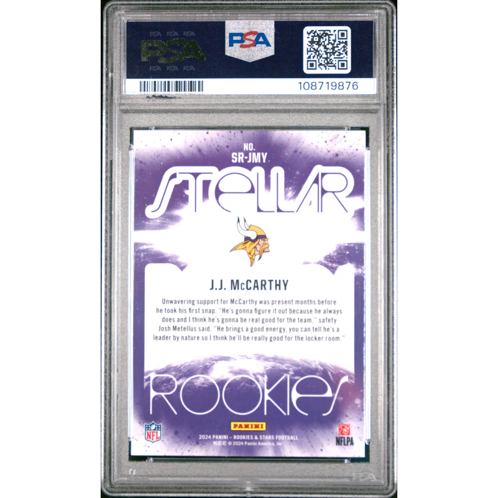 Graded PSA 10 2024 Panini Rookies & Stars JJ McCarthy Purple White Stellar Rookie Card