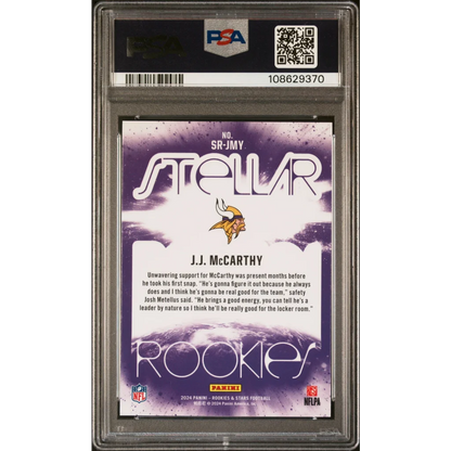 Graded 2024 Panini Rookies & Stars JJ McCarthy #SRJMY Stellar Rookies Rookie RC Football Card PSA 10 Gem Mint | PSA 10 Gem Mint Graded Rookie Card | vintageantiquesgifts.com