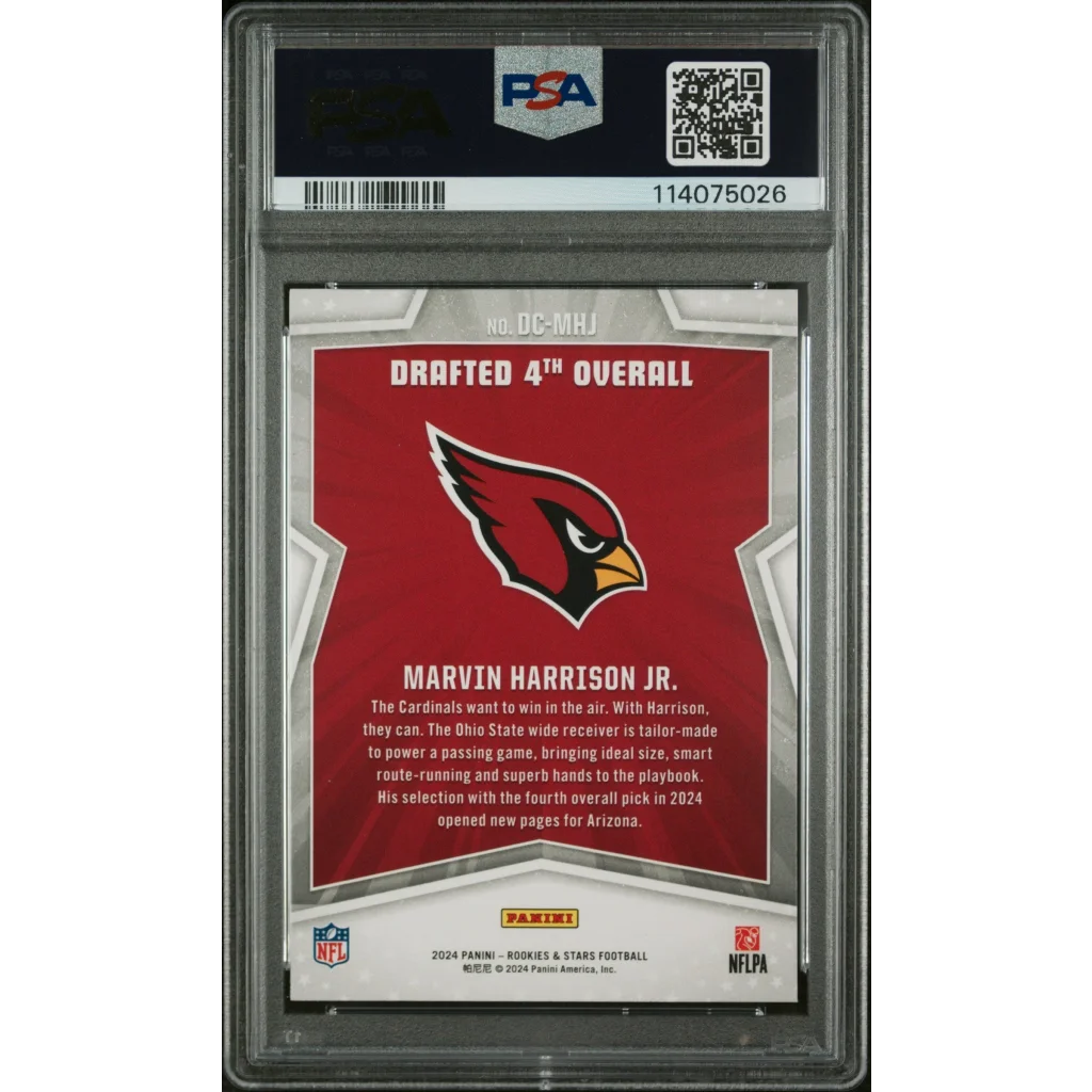 Graded Marvin Harrison Jr rookie football card from Panini Rookies in professional sports style