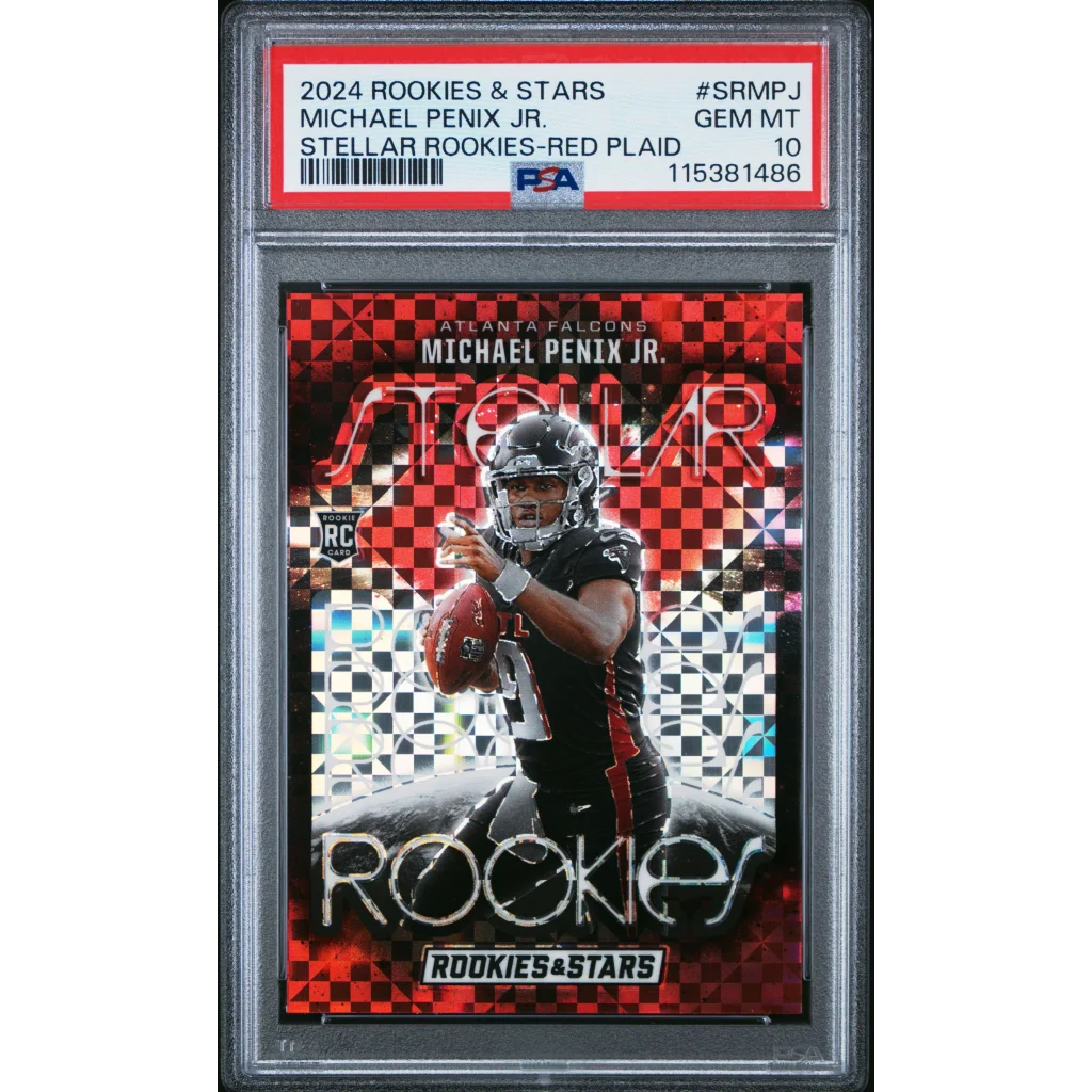 Graded 2024 Panini Rookies & Stars Michael Penix Jr #SRMPJ Stellar Rookies Red Plaid Rookie RC Football Card PSA 10 Gem Mint