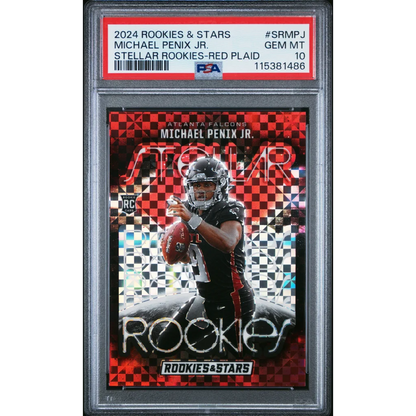Graded 2024 Panini Rookies & Stars Michael Penix Jr #SRMPJ Stellar Rookies Red Plaid Rookie RC Football Card PSA 10 Gem Mint