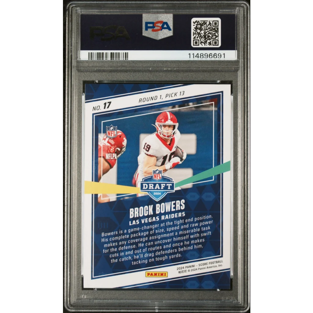 Graded 2024 Panini Score Brock Bowers #17 NFL Draft Rookie RC Football Card PSA 10 Gem Mint | PSA 10 Gem Mint Graded Rookie Card | vintageantiquesgifts.com