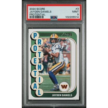 Graded 2024 Panini Score Jayden Daniels #3 Protential Rookie RC Football Card PSA 9 Mint | Hall of Fame Sports Memorabilia | vintageantiquesgifts.com