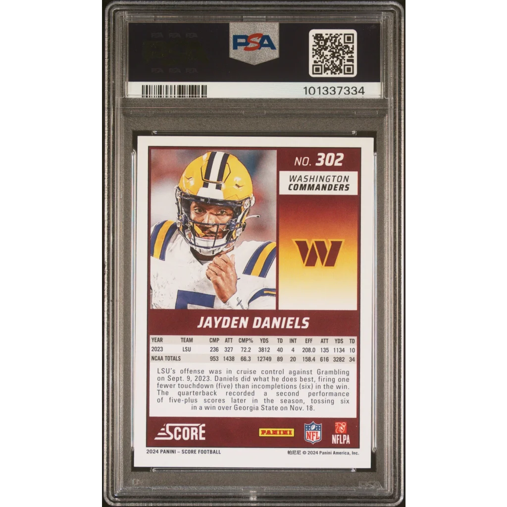 PSA graded Jayden Daniels 2024 Score Rookie Card Washington Commanders in protective case