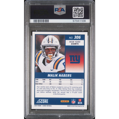Graded PSA 10 2024 Panini Score Malik Nabers #306 Rookie Giants Card