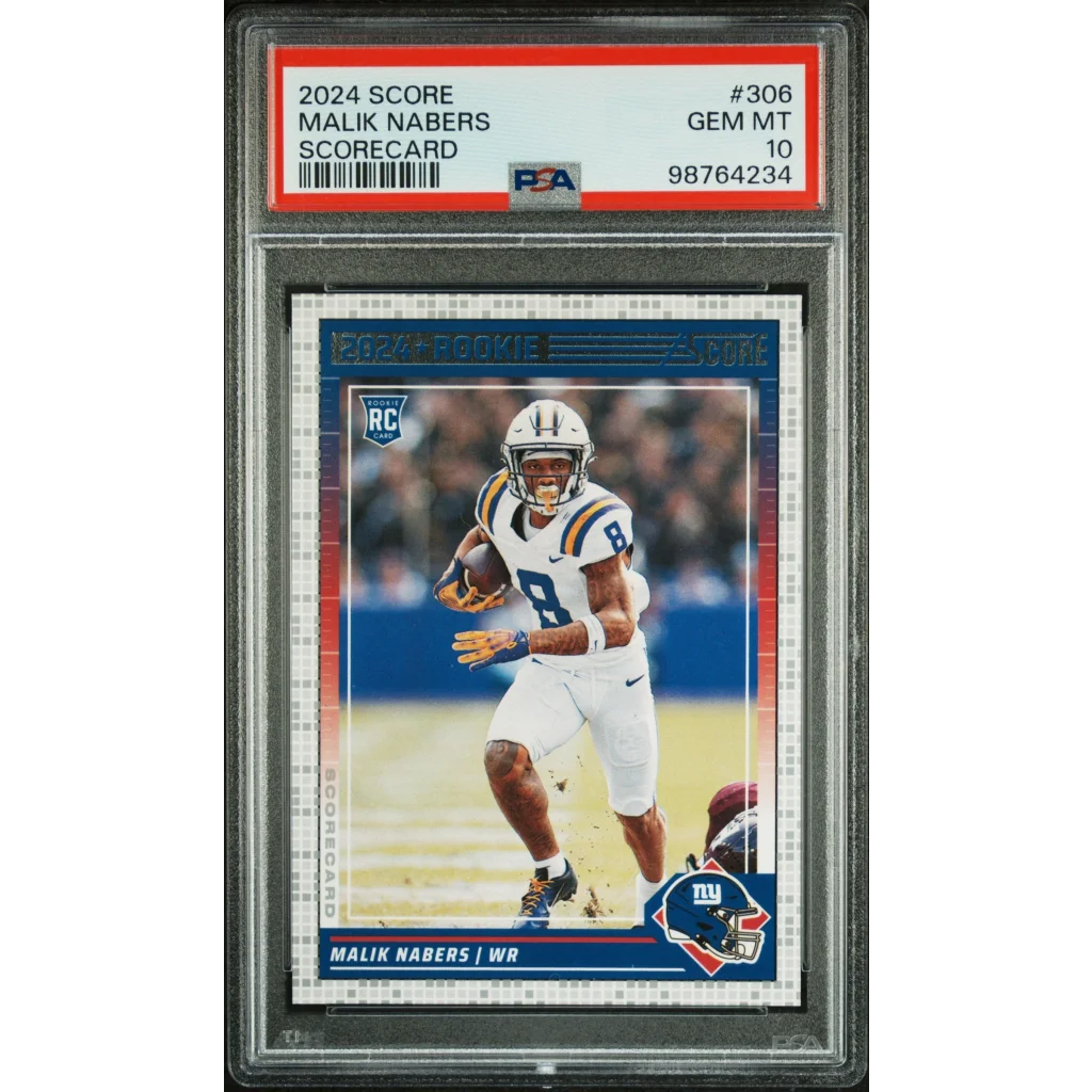 A graded Malik Nabers 2024 Score football card PSA 10 GEM MT rookie card