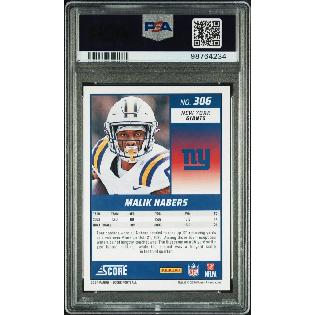 PSA 10 Graded 2024 Panini Score Malik Nabers #306 Rookie RC Giants Card