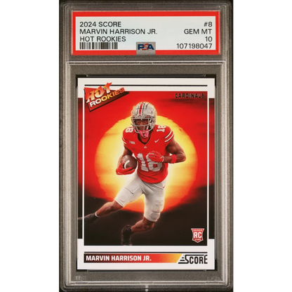 Graded 2024 Panini Score Marvin Harrison Jr #8 Hot Rookies Rookie RC Football Card PSA 10 Gem Mint | Hall of Fame Sports Memorabilia | vintageantiquesgifts.com